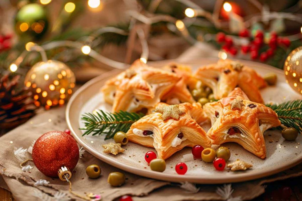 un piatto con stelle di Natale di pasta sfoglia con salmone e Philadelphia su un tavolo con delle palline e lucine natalizie
