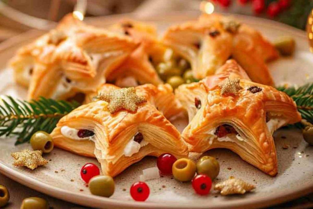 Vassoio con le stelle di Natale di pasta sfoglia farcite di salmone e Philadelphia
