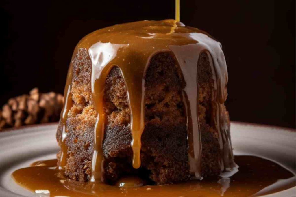 Sticky toffee pudding coperto di salsa in un piatto
