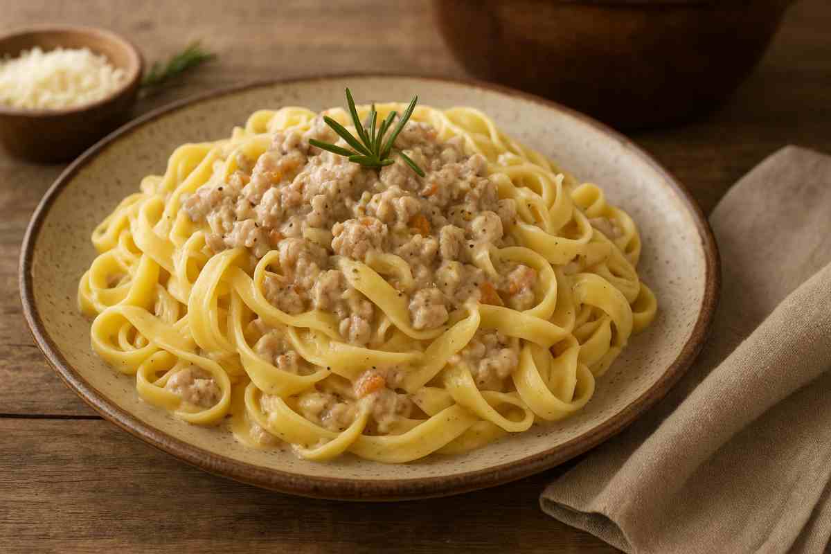 Tagliatelle al ragù bianco di maiale e rosmarino in un piatto