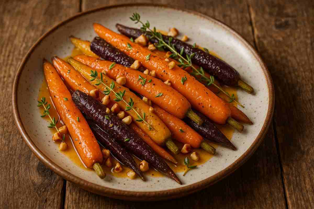 carote glassate al miele, timo e agrumi con nocciole in un piatto