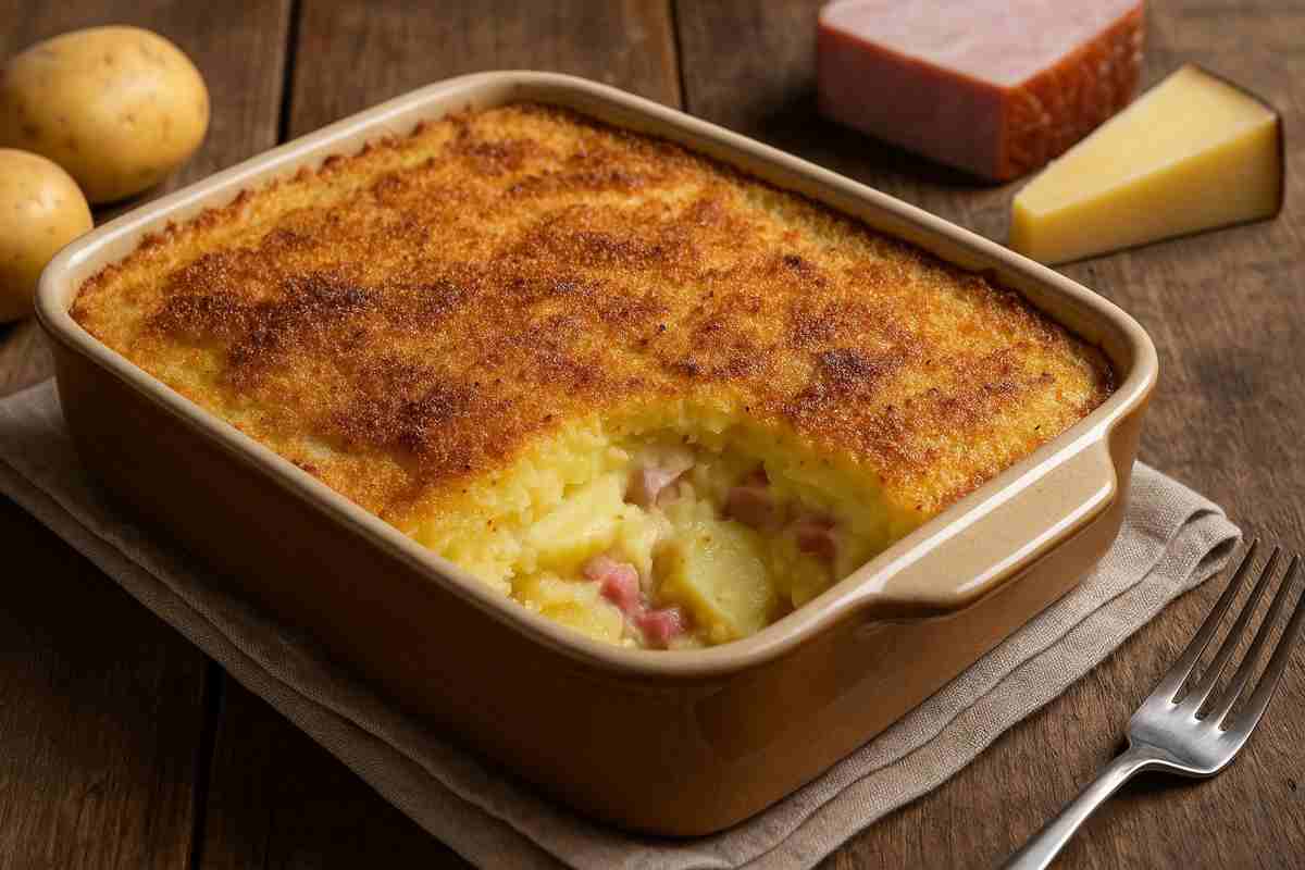 sformato di patate con prosciutto cotto e scamorza affumicata in una teglia