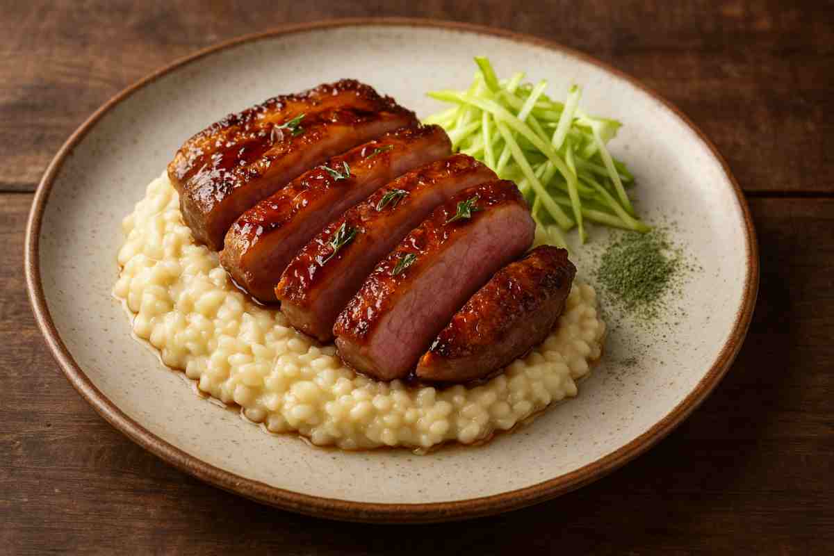 petto d'anatra glassato al miele d'arancia e timo con risotto al parmigiano e polvere di caffè verde in un piatto