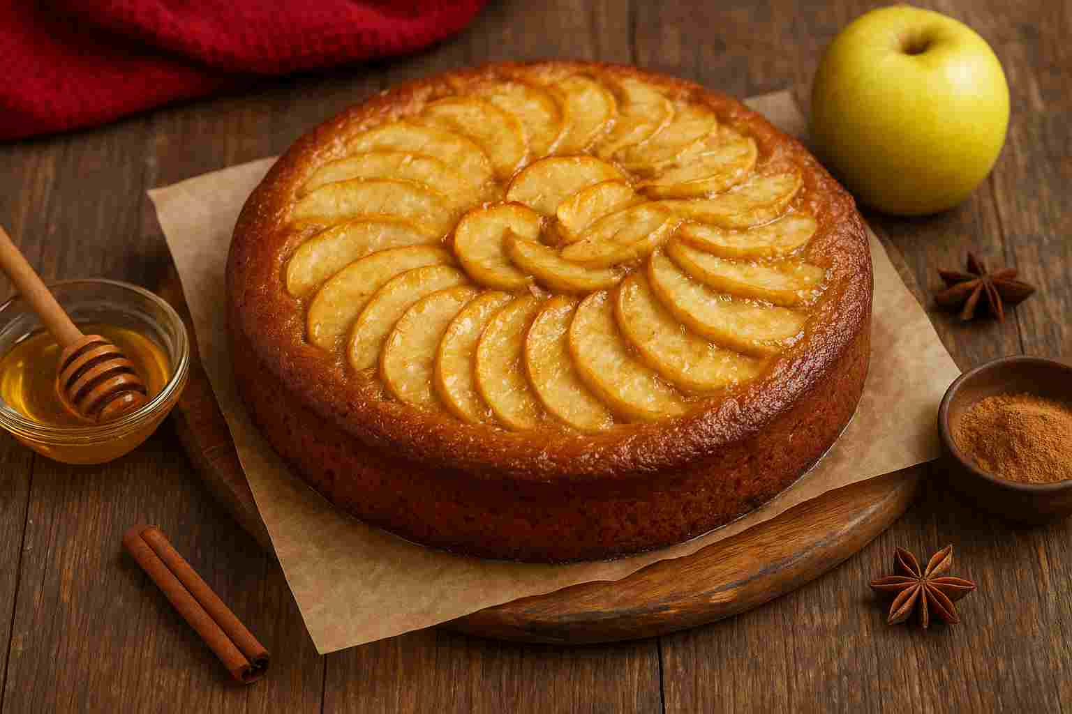 torta soffice alle mele e cannella con glassa al miele su un tagliere
