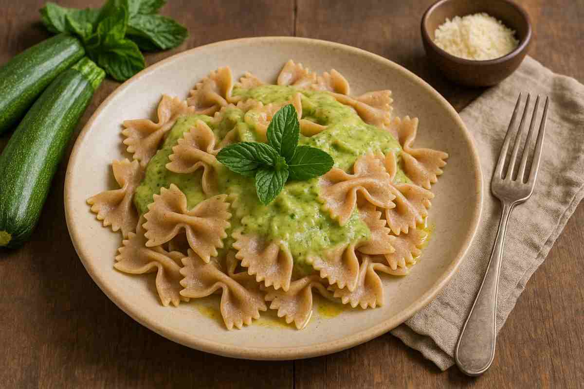 Farfalle con crema di zucchine e menta in un piatto
