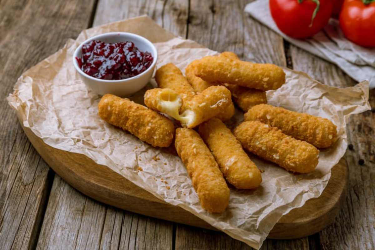 pezzi di formaggio fritto su tagliere con carta da forno
