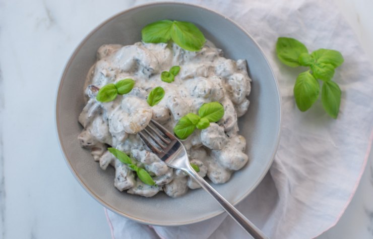 gnocchi di radicchio con salsa cremosa e foglie di basilico