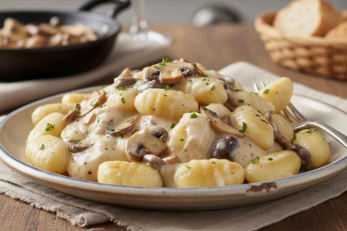 piatto di gnocchi cremosi con funghi