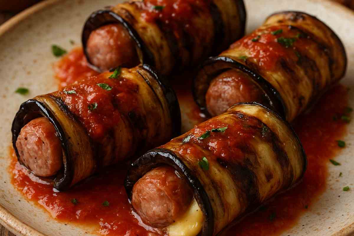 Involtini di melanzane con cuore di salsiccia e scamorza affumicata in un piatto