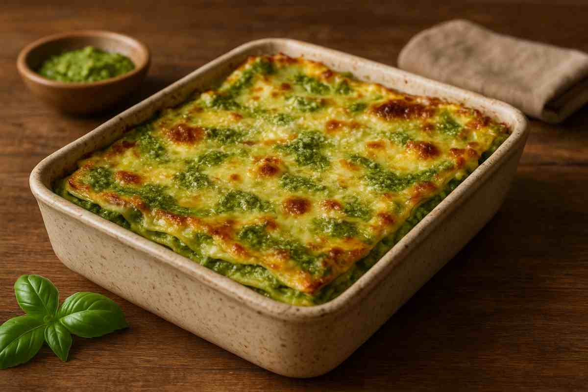 Lasagna al pesto in una teglia