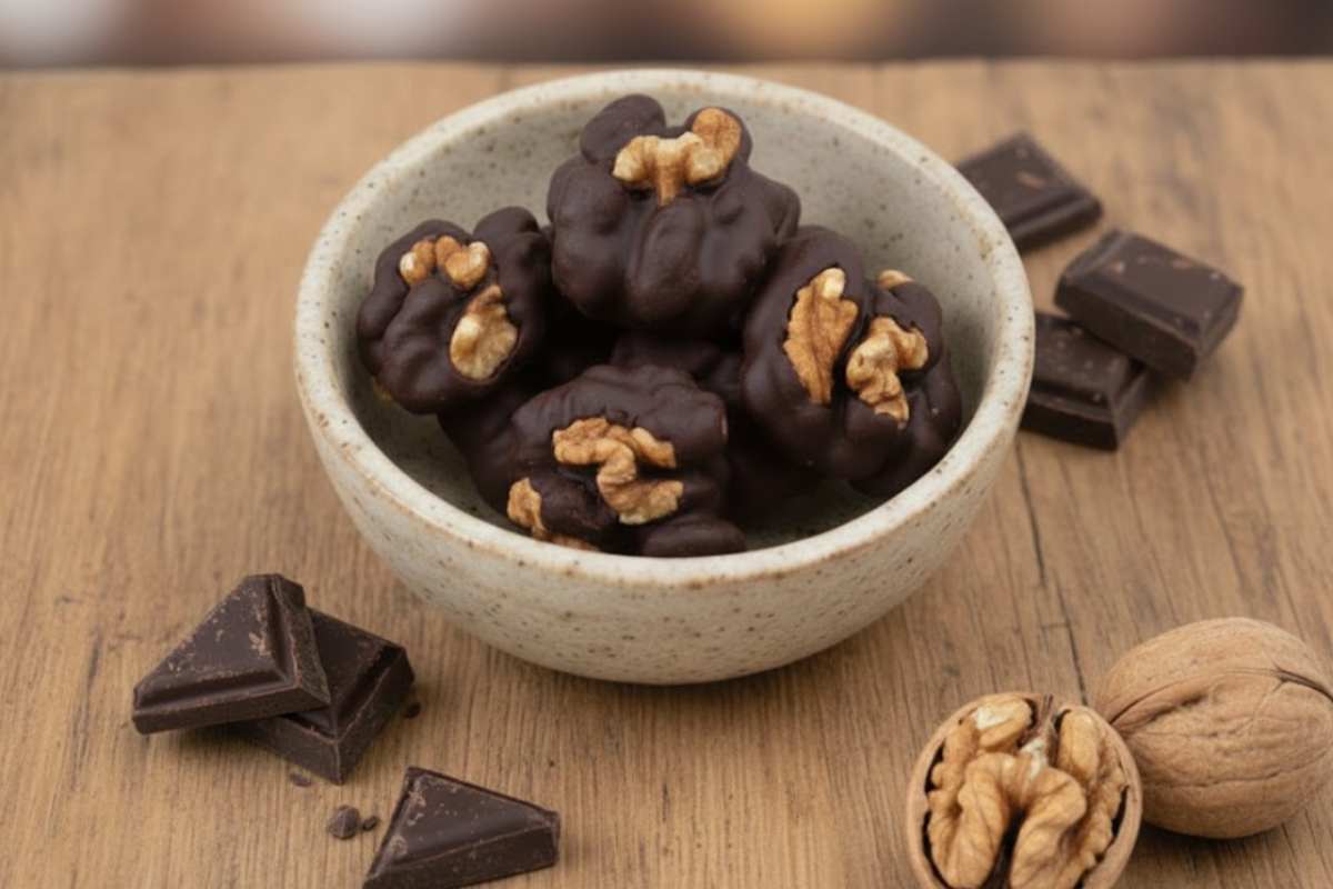 noci ricoperte di cioccolato fondente