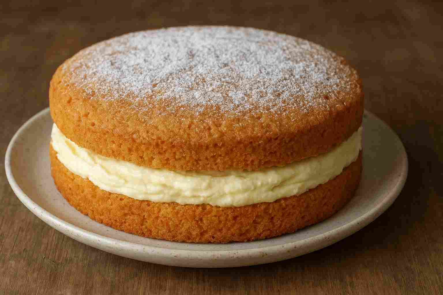 torta di pan di Spagna con crema alla vaniglia su un piatto