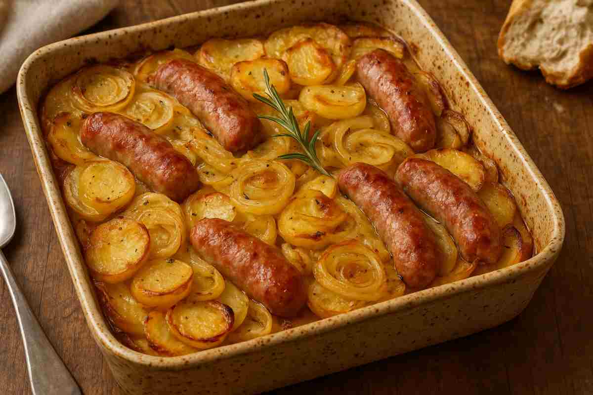 Patate cipolle e salsiccia in una teglia