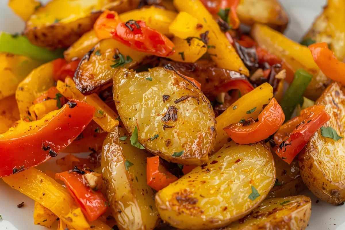 piatto con patate tagliate a tocchetti e peperoni cotti