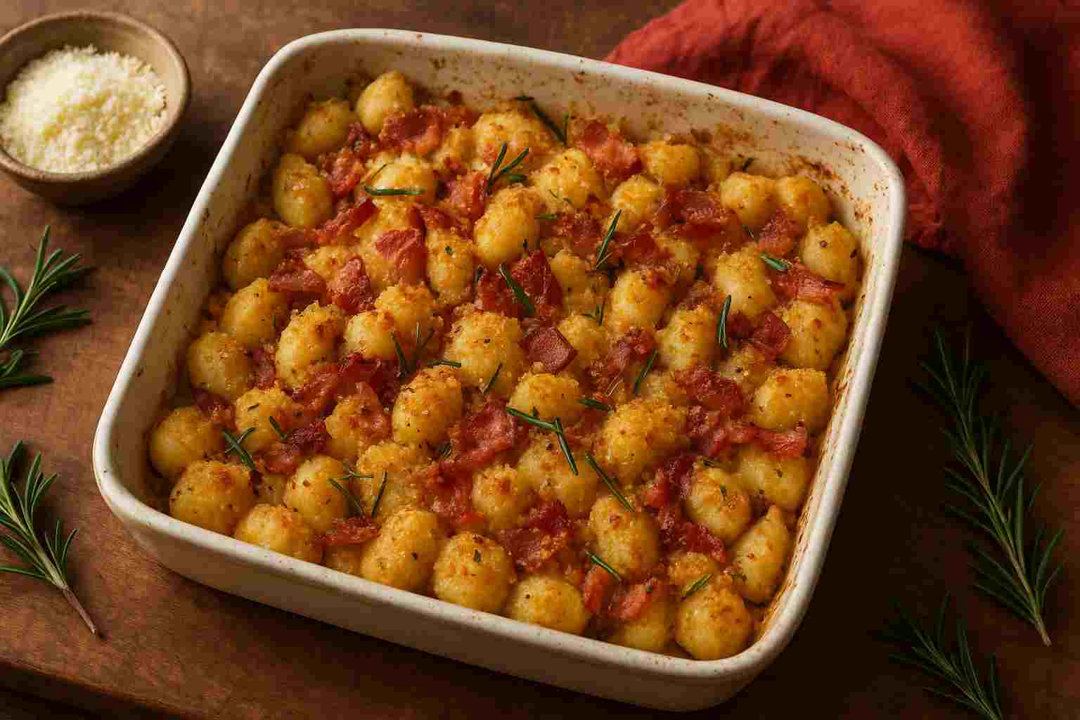 Gnocchetti di patate al forno con rosmarino e speck croccante in una pirofila