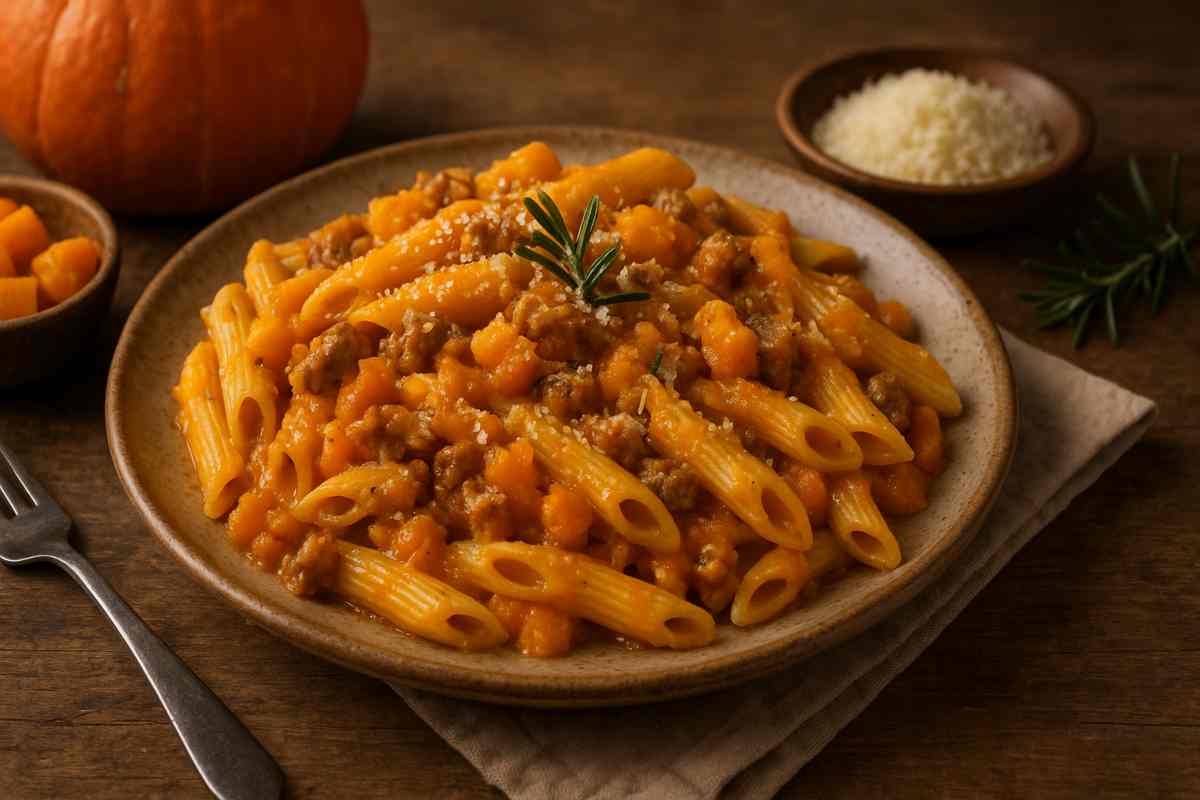 Penne rigate alla zucca e salsiccia in tavola
