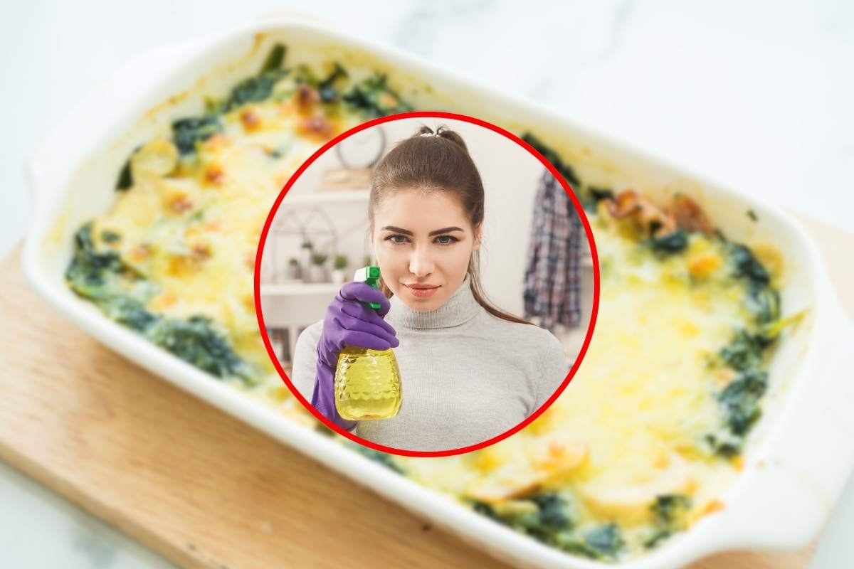 pirofila incrostata da sfondo e ragazza con spruzzino in cornice