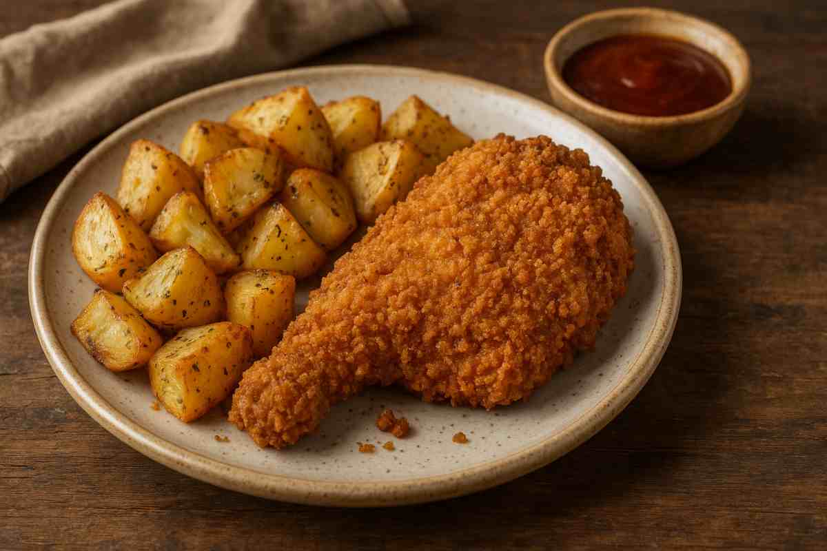 Pollo croccante panato e patate al forno in un piatto