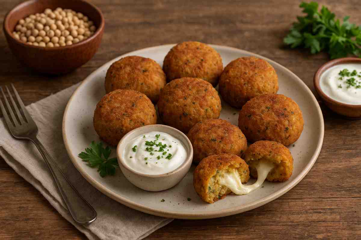 Polpette di legumi e patate con cuore filante di mozzarella con salsa di yogurt in un piatto