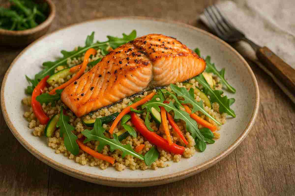 salmone al forno con insalata e quinoa in un piatto