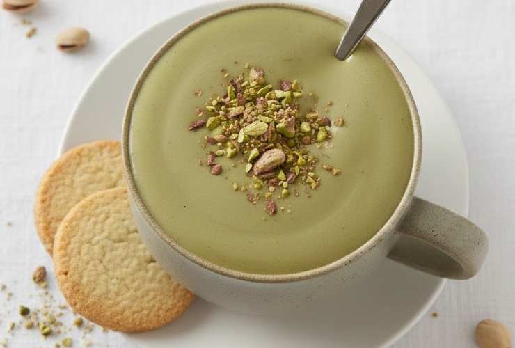 tazza di cioccolata calda al pistacchio con biscotti e granella