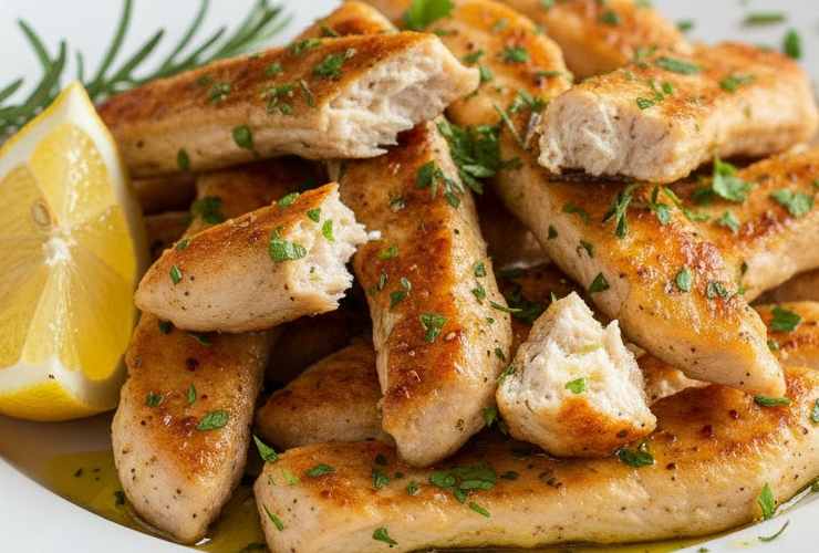straccetti di pollo dorati con olio ed erbe aromatiche