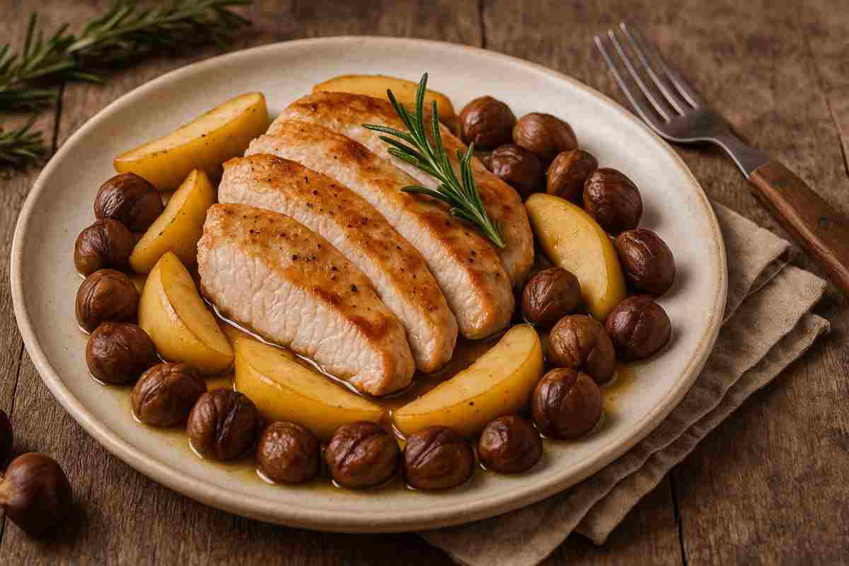 Tacchino con mele e castagne arrostite in un piatto