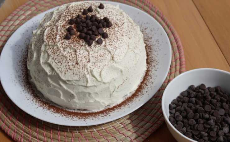 zuccotto in un piatto con panna e gocce di cioccolato