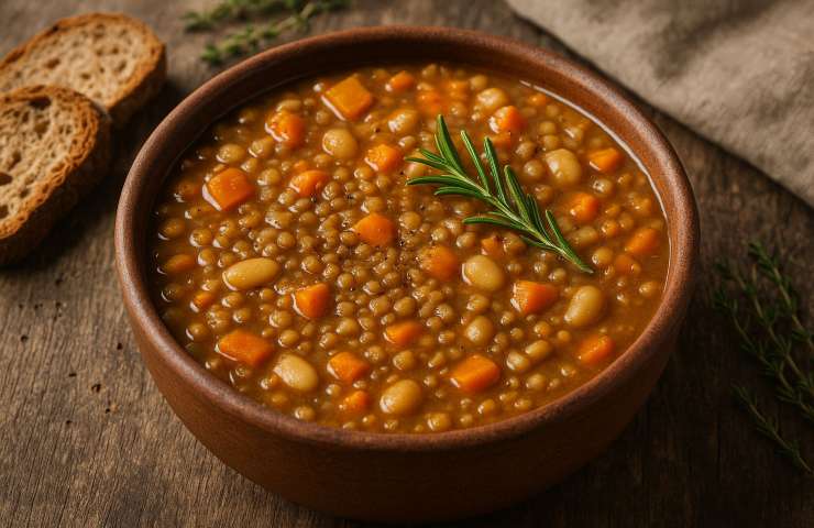 zuppa autunnale di lenticchie e fagioli con verdure di stagione in una terrina