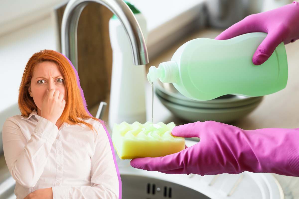 spugna per piatti e detersivo con donna che si tappa il naso