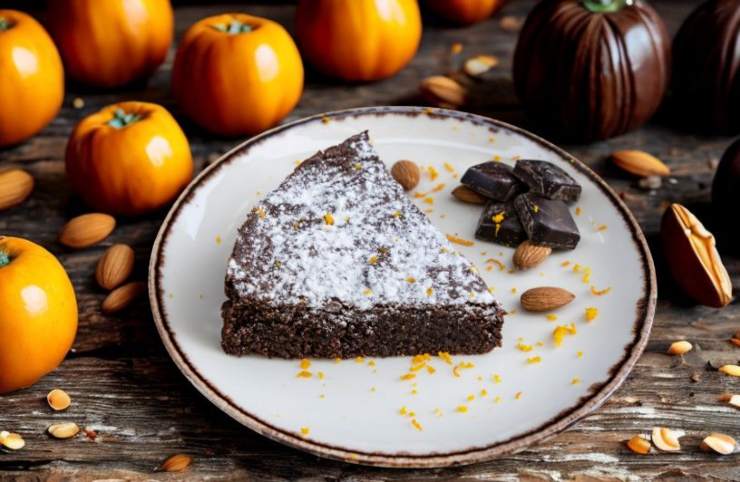 fetta di torta al cioccolato su un piattino circondata da cioccolato mandorle e cachi
