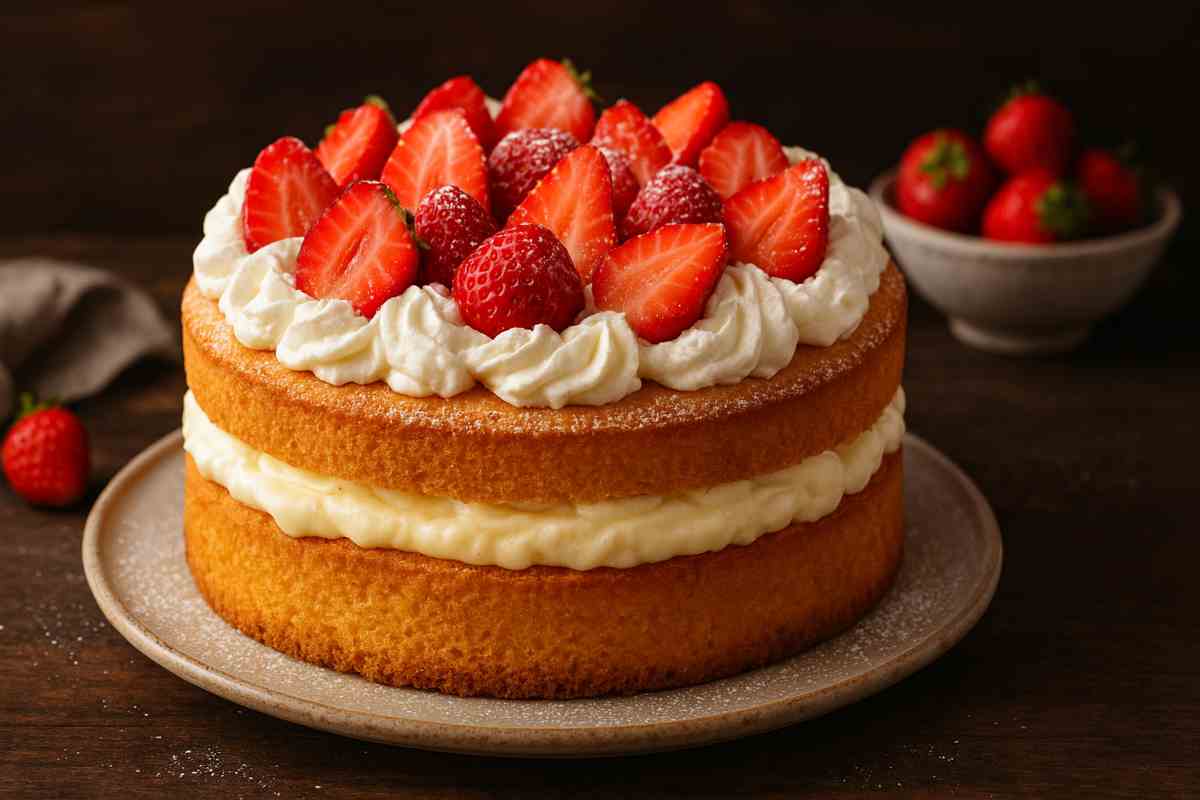 Torta di compleanno con crema e fragole su un piatto