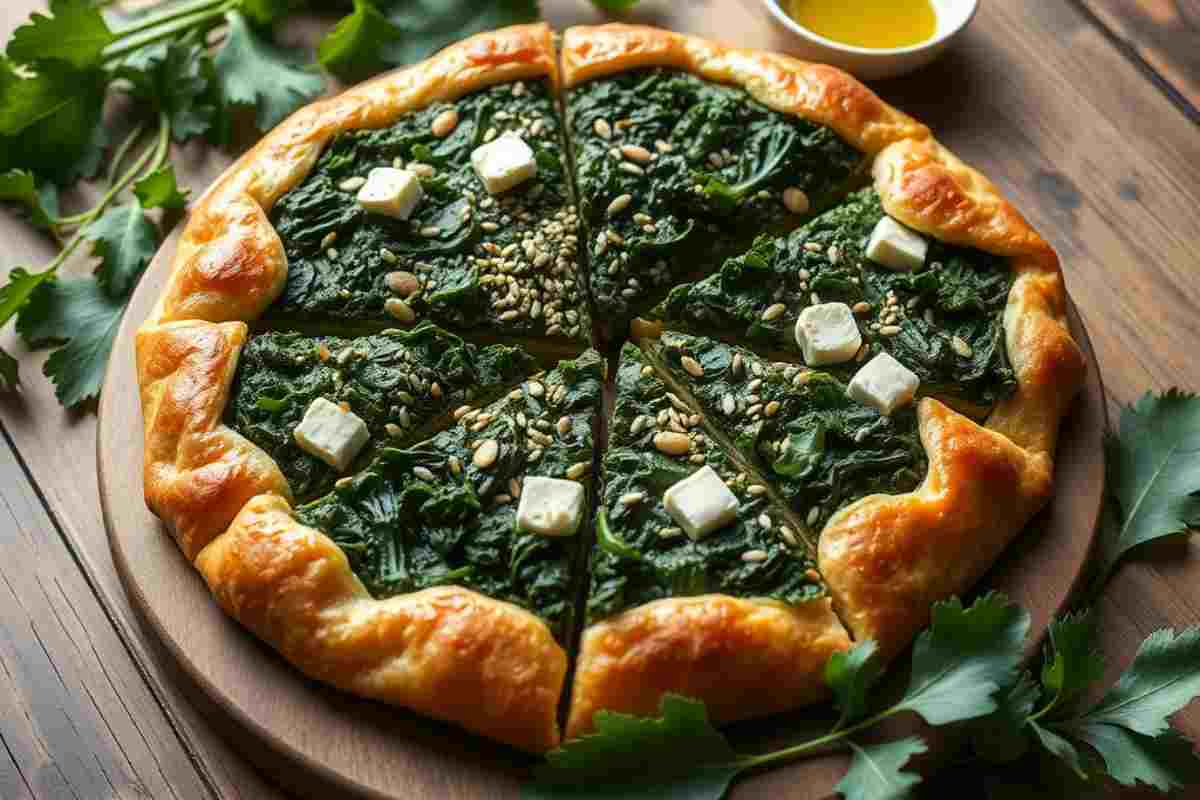 torta salata al cavolo nero e formaggio di capra su un tavolo