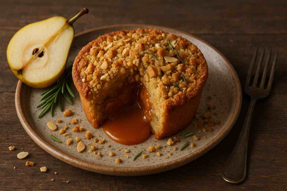 ortino di pere e rosmarino con cuore di caramello salato e crumble alle mandorle in un piattino
