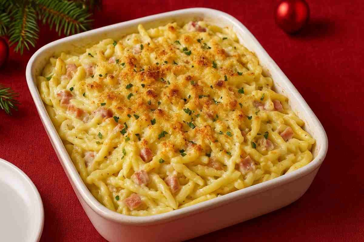 trofie cremose ricotta e prosciutto di Natale in una pirofila su tavola natalizia