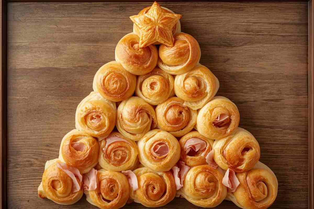 Girelle di pasta sfoglia a forma di albero farcite con prosciutto e formaggio