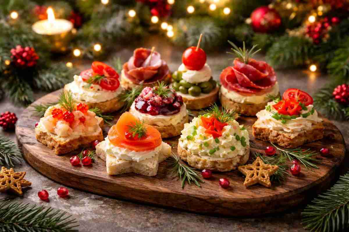 Canapè festivi su un tagliere di legno