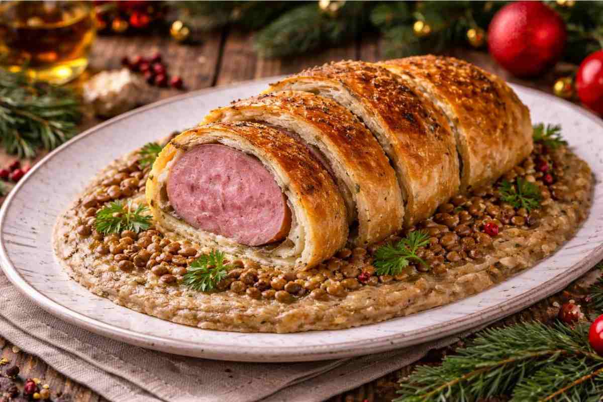 vassoio con il Cotechino in crosta di pane speziato con crema di lenticchie