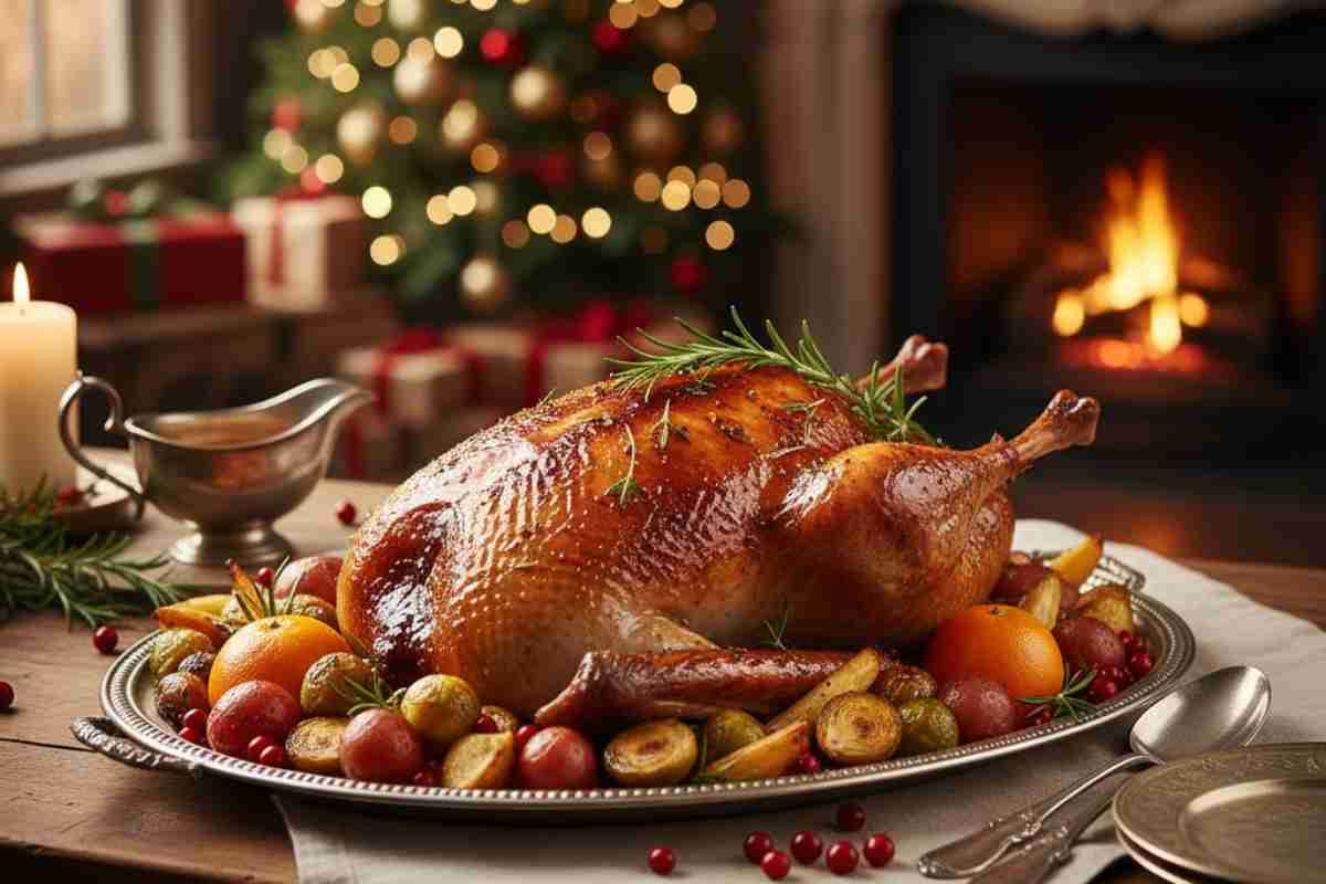 oca arrosto natalizia con agrumi, patate e verdure in un vassoio