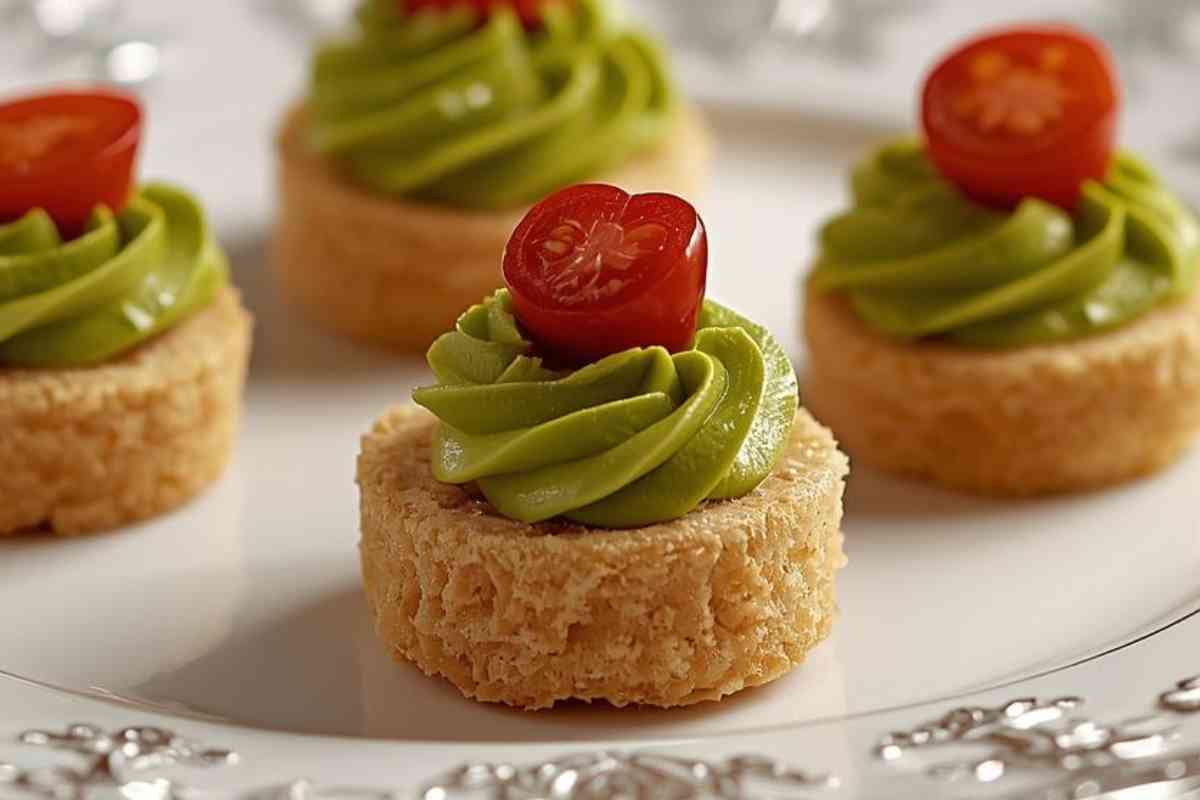 Tartine natalizie senza carne con crema di avocado e philadelphia decorate con pomodorini in un piatto decorato