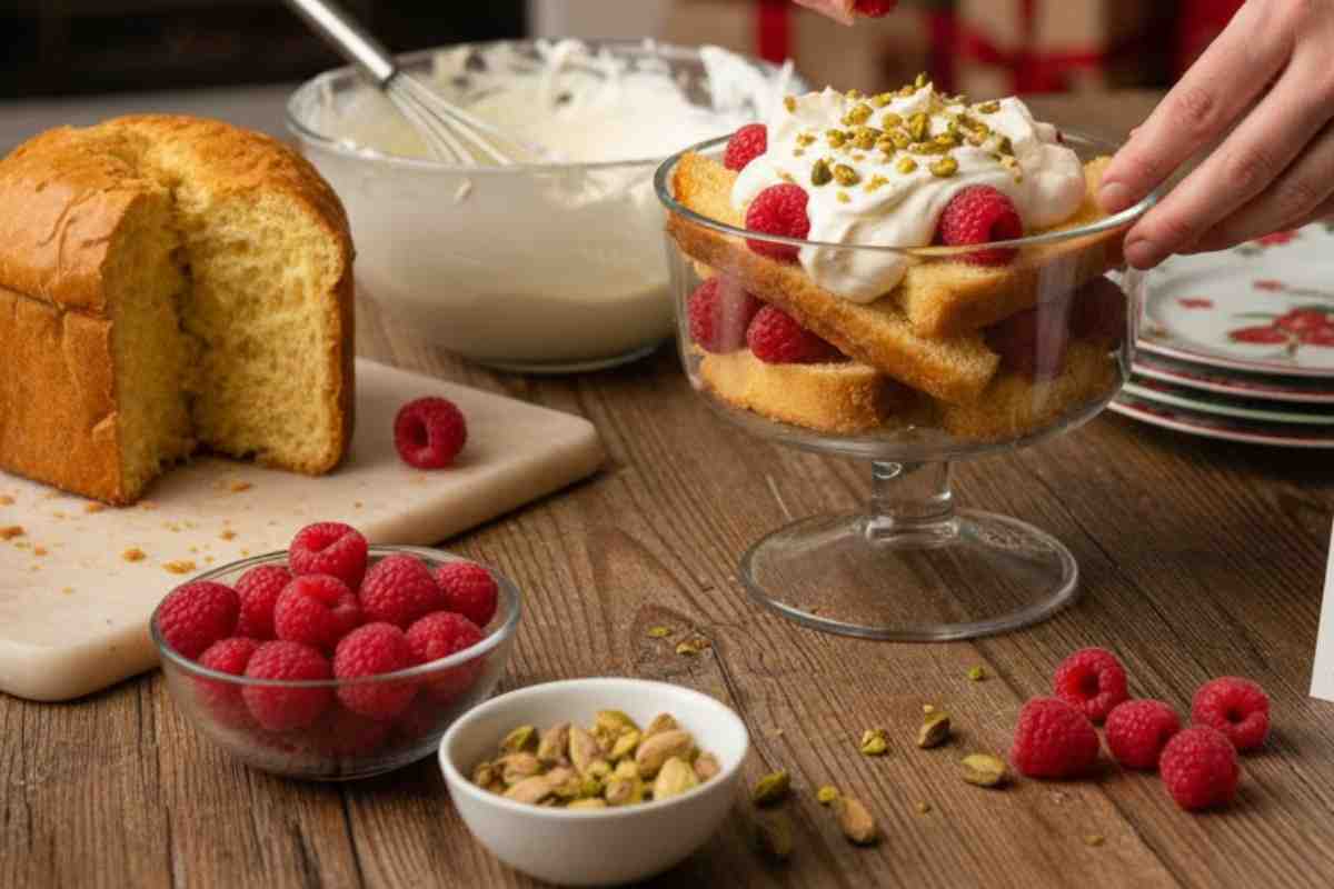 Trifle di panettone con crema, lamponi e pistacchi con gli ingredienti necessari su un tavolo