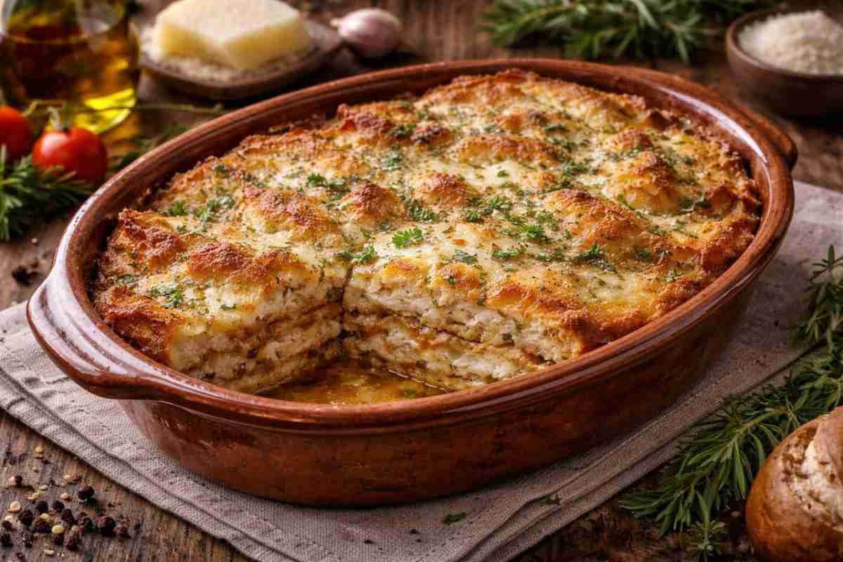 una pirofila con la zuppa gallurese