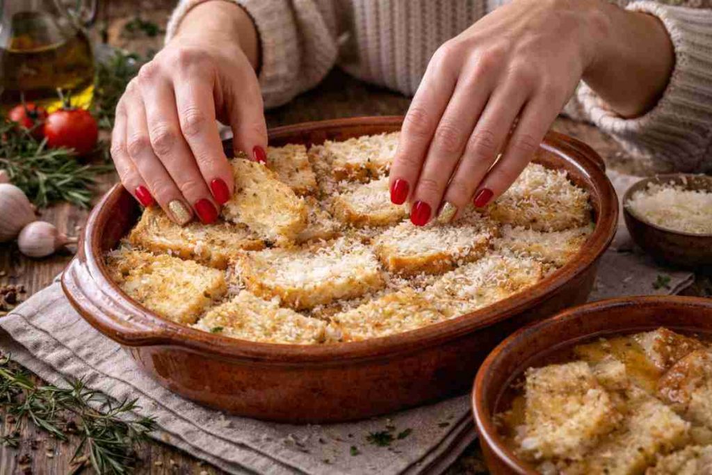 mani dispongono il pane nella pirofila per la zuppa gallurese