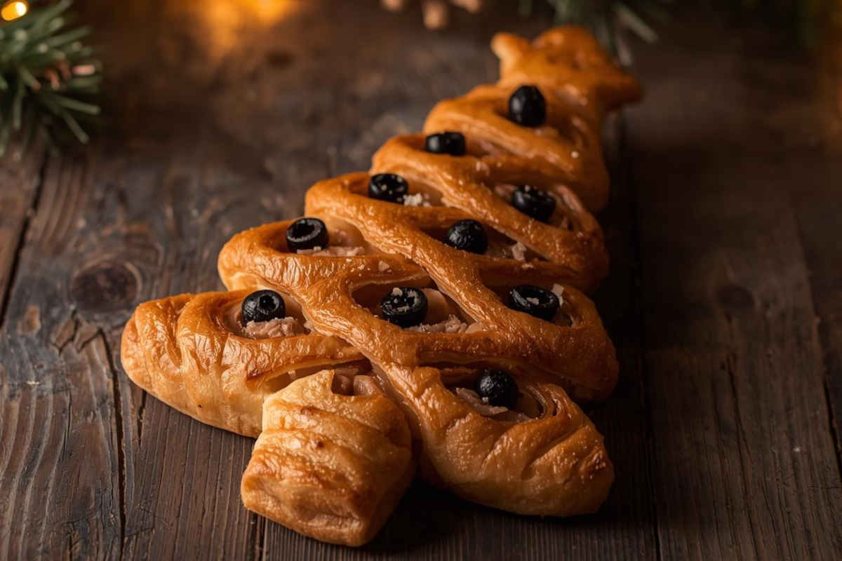 Albero di pasta sfoglia con olive e tonno su tavolo di legno