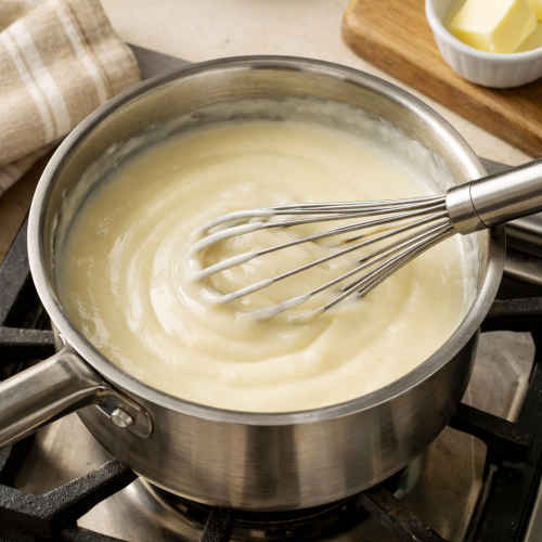 Pentolino con besciamella pronta e frusta che la mescola
