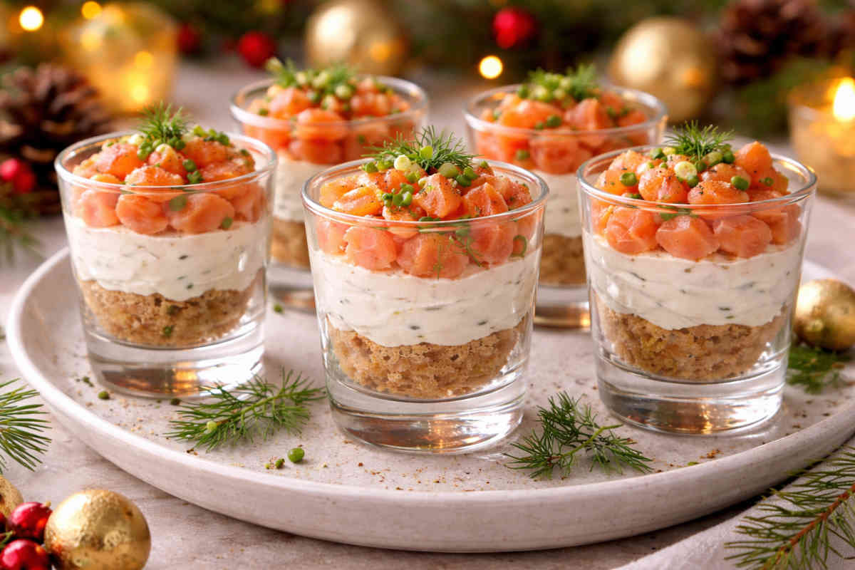 Bicchierini crumble salmone su piatto da portata con decorazioni natalizie sullo sfondo