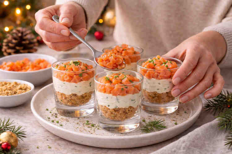Donna che prepara dei bicchierini crumble con il salmone per Natale