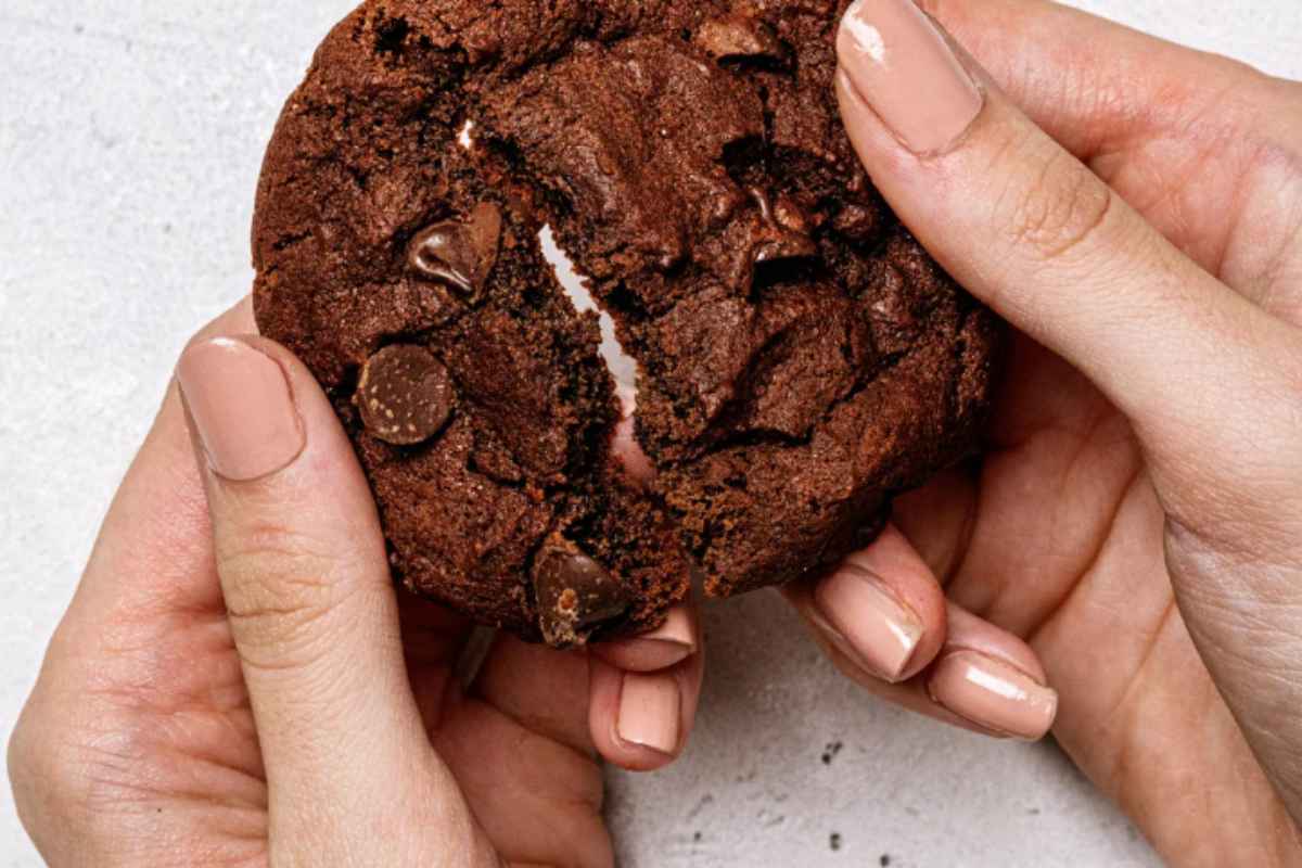 mani che spezzano biscotto al cacao