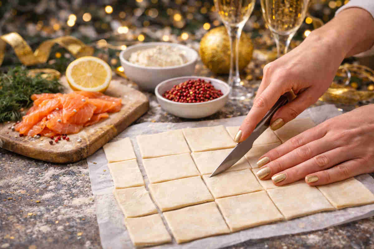Mani femminili che preparano dei Bocconcini di sfoglia con salmone e formaggio spalmabile