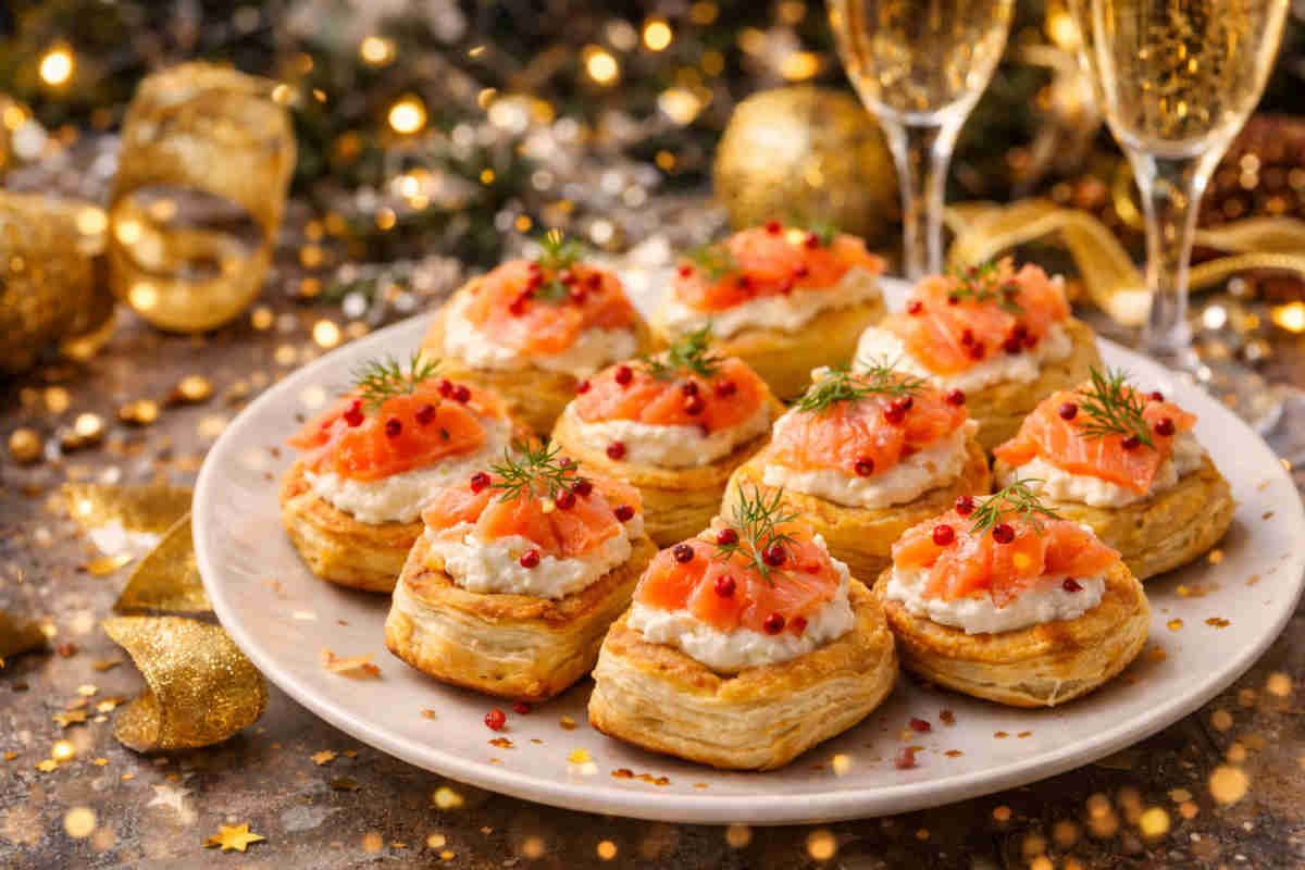 Piatto da portata con all'interno dei Bocconcini di sfoglia con salmone e formaggio spalmabile con decorazioni di Capodanno sullo sfondo